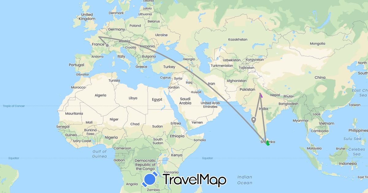 TravelMap itinerary: driving, bus, plane, train in Switzerland, France, India, Sri Lanka (Asia, Europe)